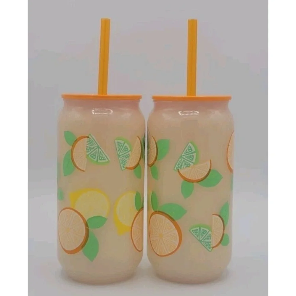 NEW Set Of 2 - 20oz Color Changing Tumbler Lid Straw Orange Summer Fruit
